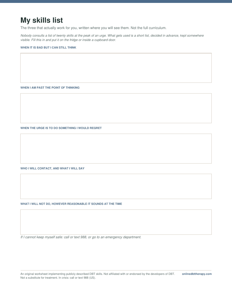 First page of the My skills list worksheet
